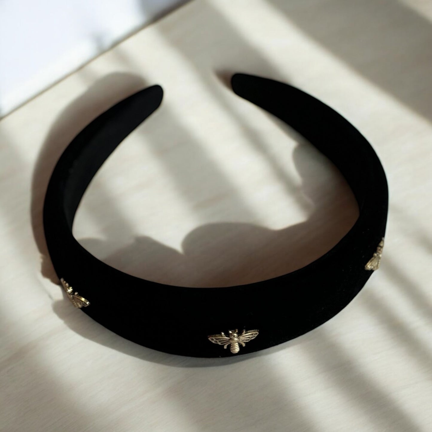 Golden Buzz Headband – Black Velvet with Gold Bee Accents