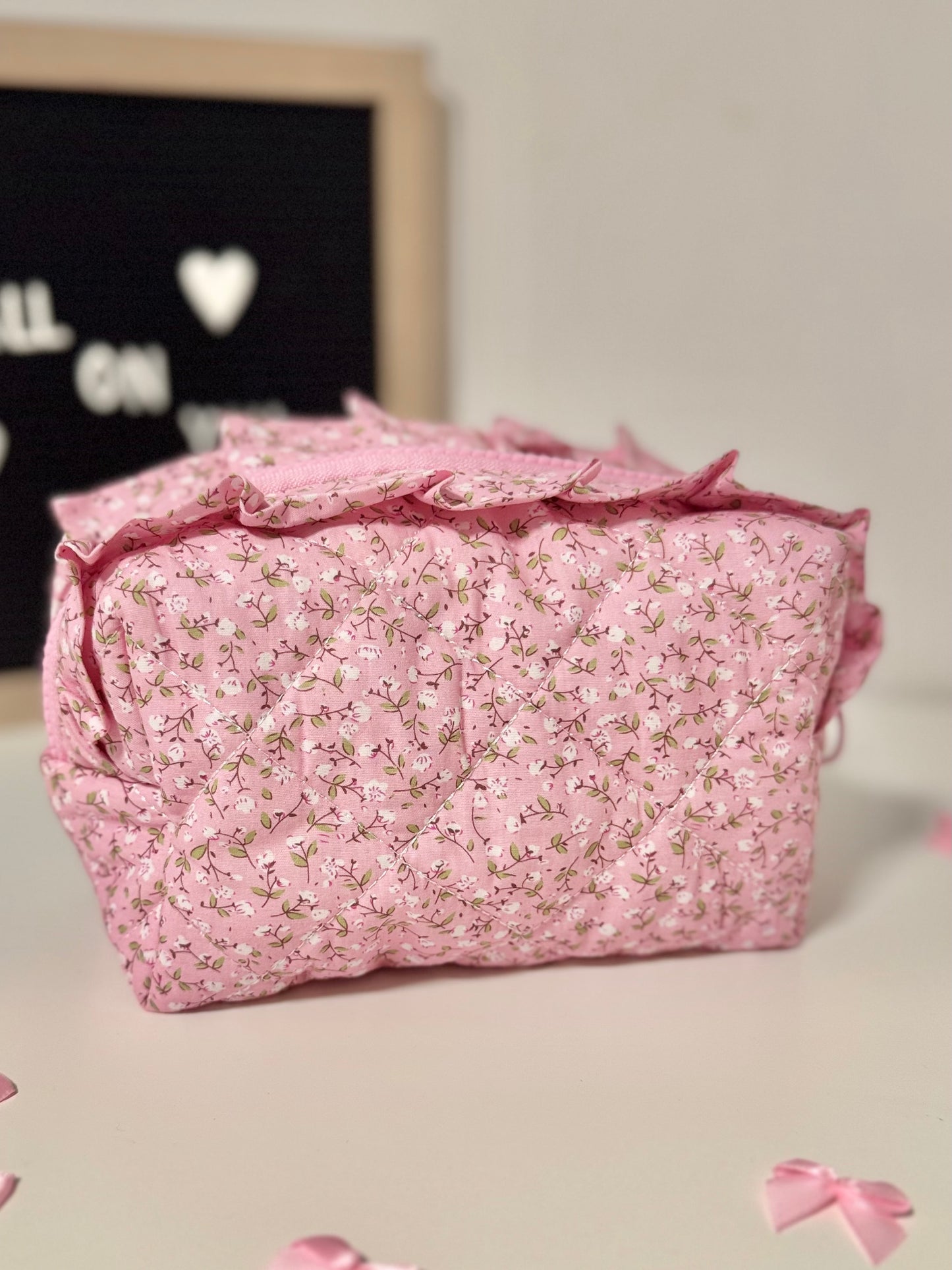 Makeup Bag – Pink Travel Cosmetic Pouch with Floral Print