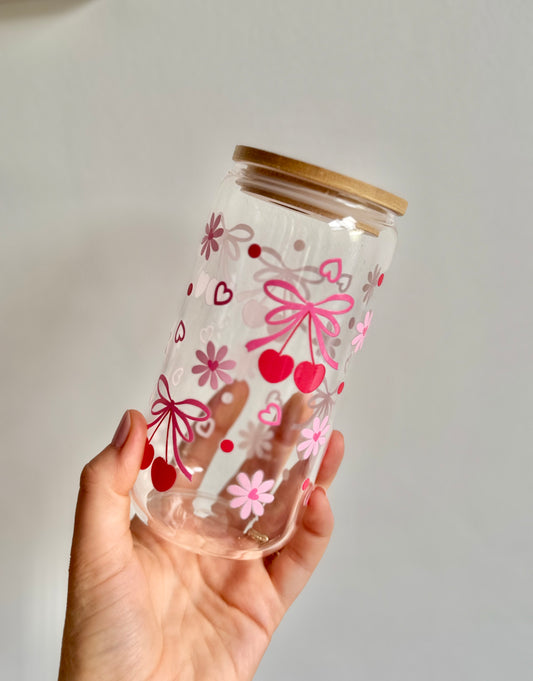 Cherries & Flowers Design Drinkware - Glass Water Cup with Lid