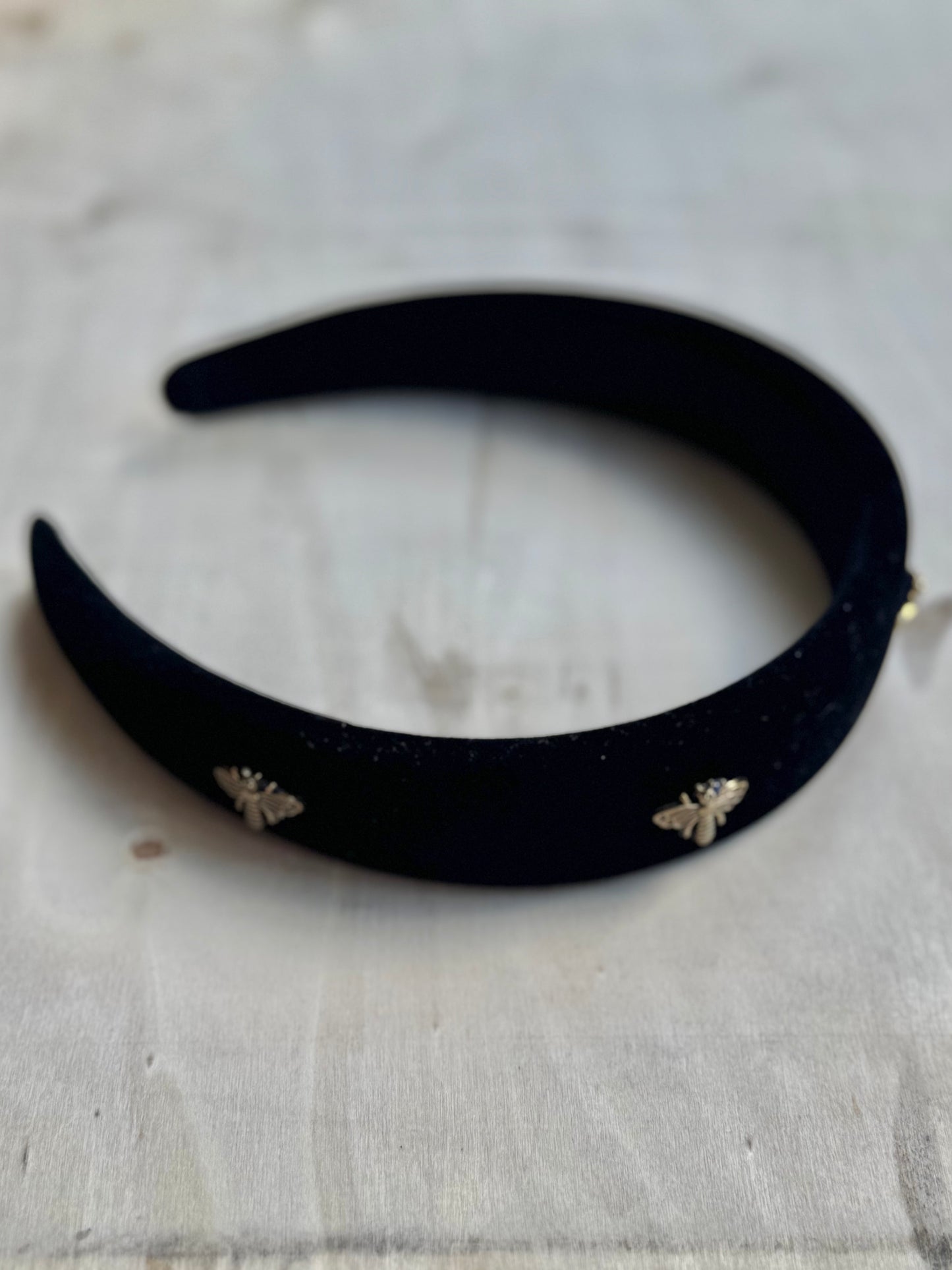 Golden Buzz Headband – Black Velvet with Gold Bee Accents