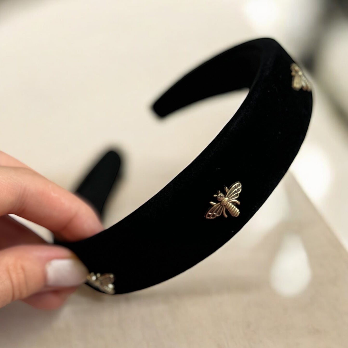 Golden Buzz Headband – Black Velvet with Gold Bee Accents
