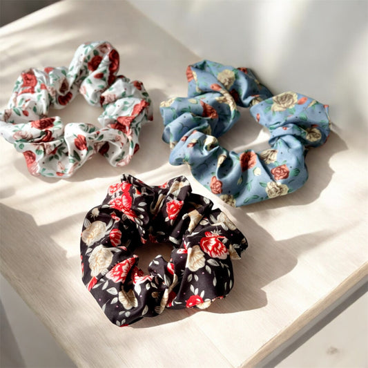 Scarlet Bloom 3-Pack Hair Scrunchies – Red Flower Detail