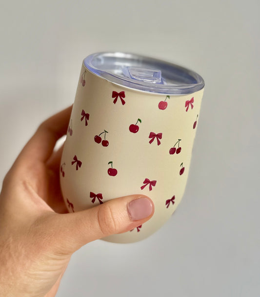 Beige Cherry Insulated Mug – Stainless Steel Travel Tumbler