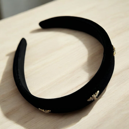 Golden Buzz Headband – Black Velvet with Gold Bee Accents