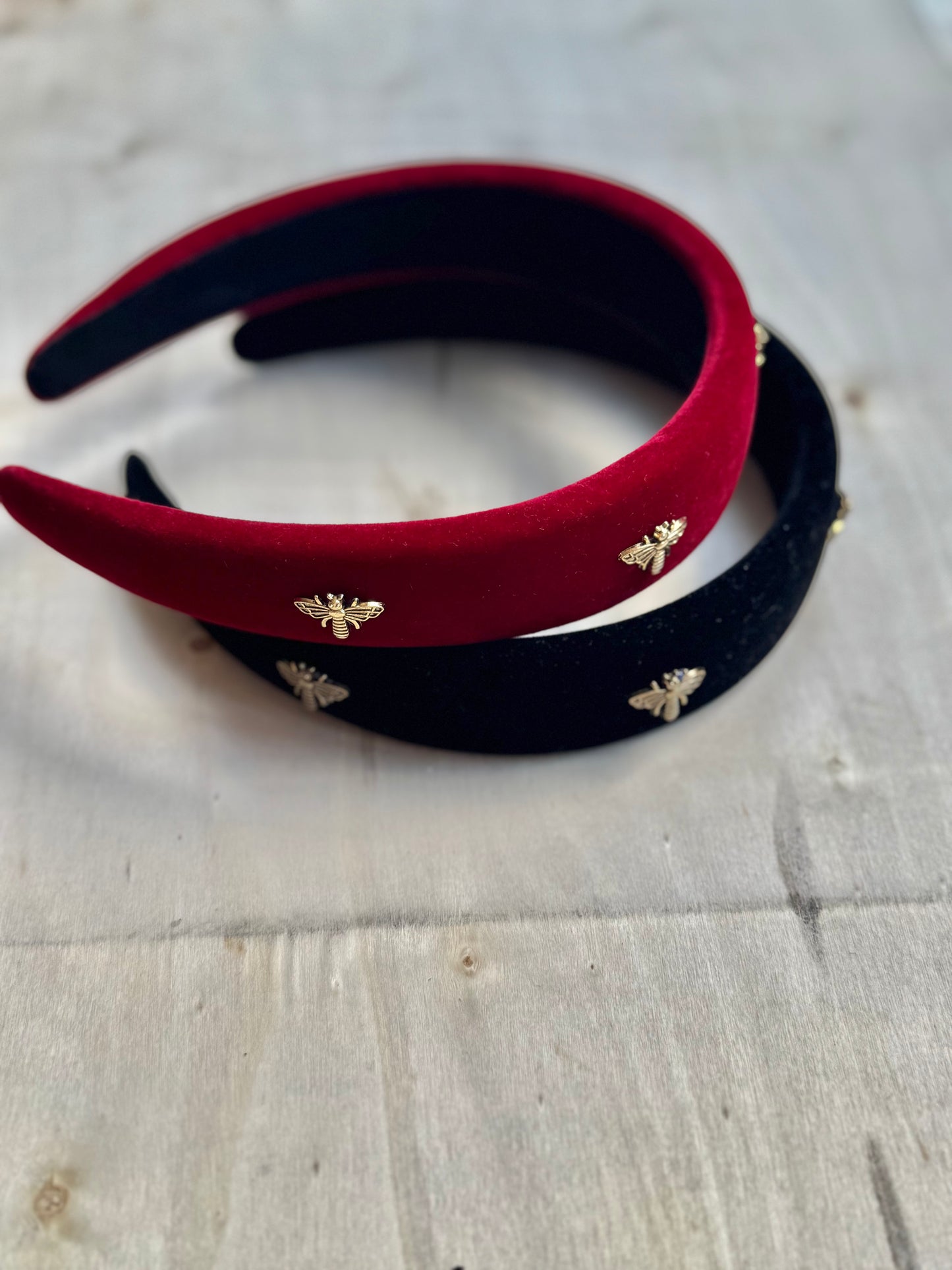 Golden Buzz Headband – Black Velvet with Gold Bee Accents