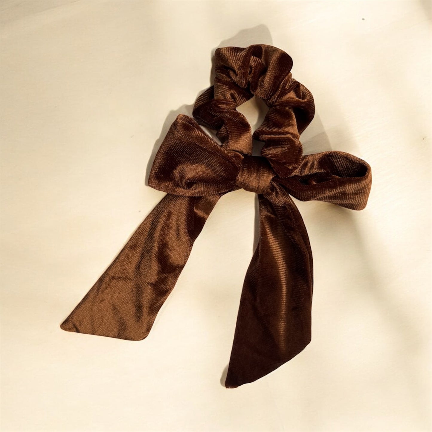 Velvet Cinnamon Brown Scrunchie with Long Bow: Elegant & Sophisticated Hair Accessory