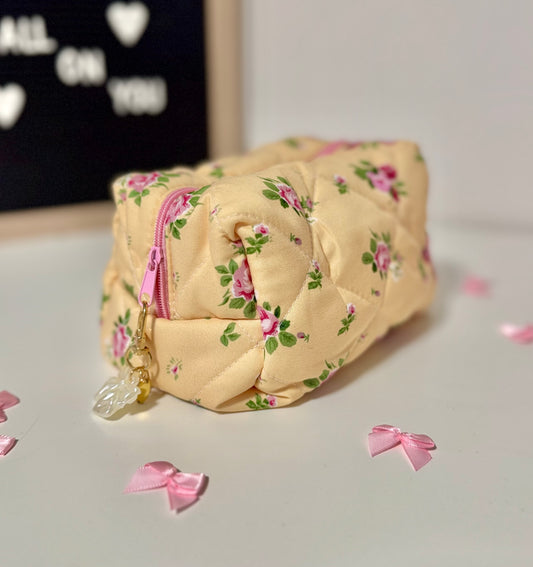 Makeup Bag – Yellow Travel Cosmetic Pouch with Floral Print
