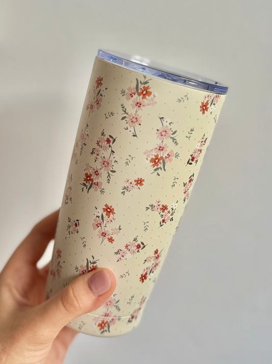 Beige Floral Insulated Mug – Stainless Steel Travel Tumbler