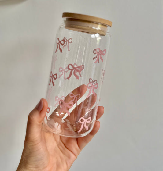 Cute Bow Design Drinkware - Glass Water Cup with Lid