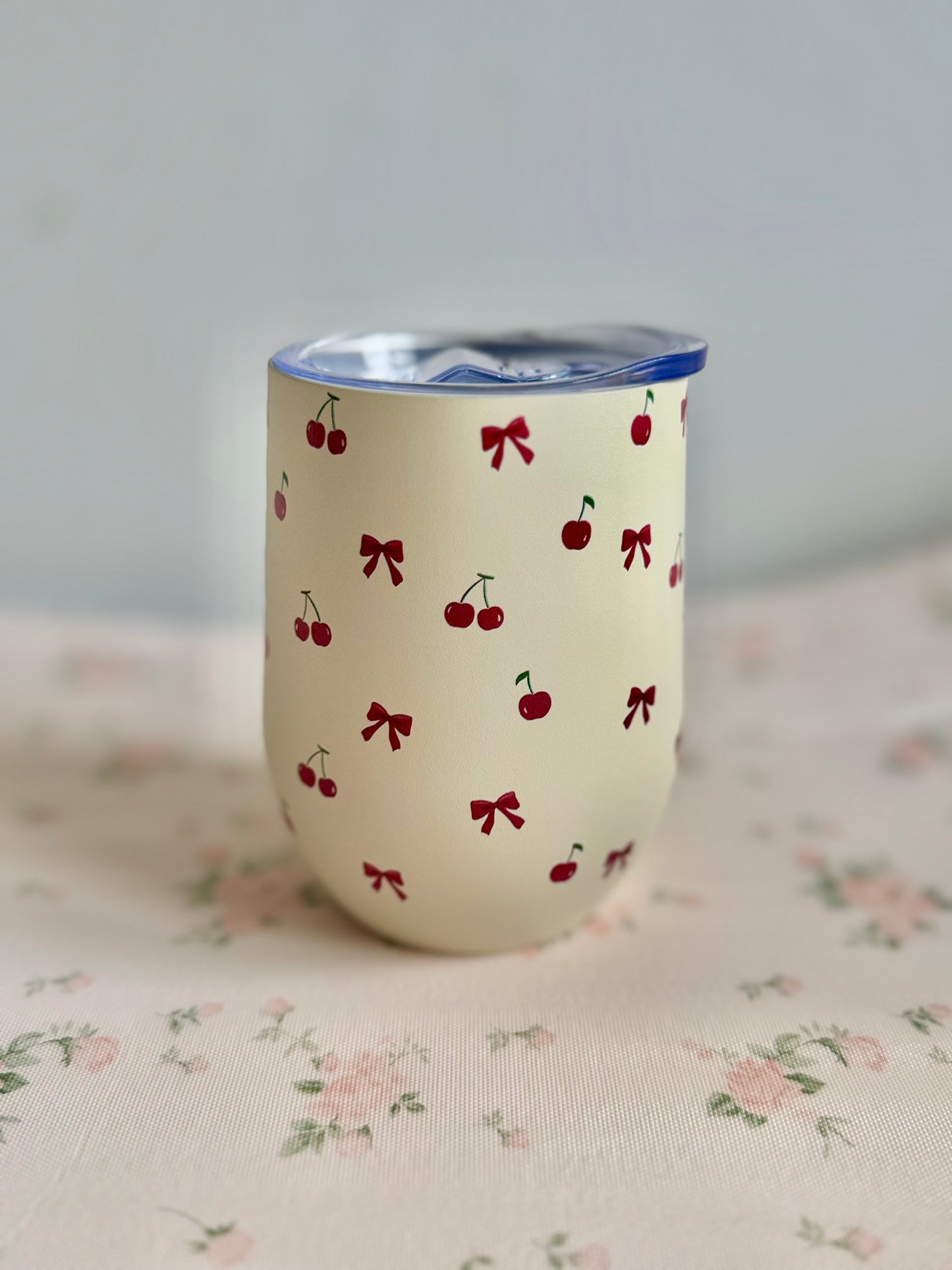 Beige Cherry Insulated Mug – Stainless Steel Travel Tumbler
