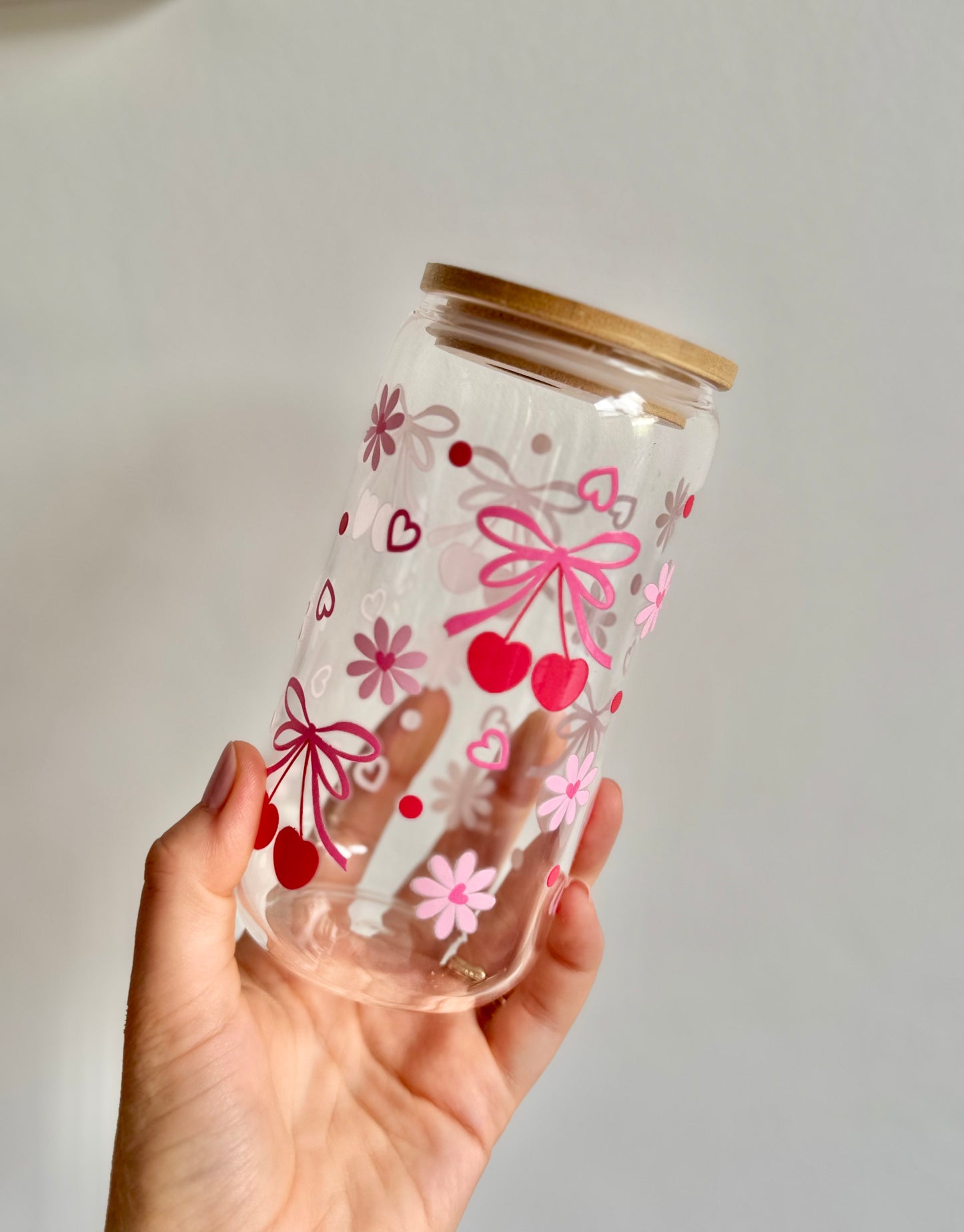 Cherries & Flowers Design Drinkware - Glass Water Cup with Lid