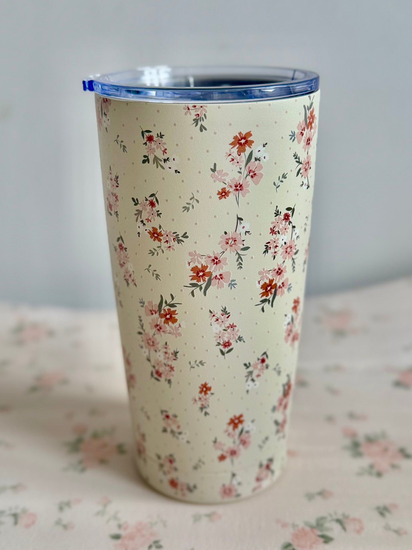 Beige Floral Insulated Mug – Stainless Steel Travel Tumbler