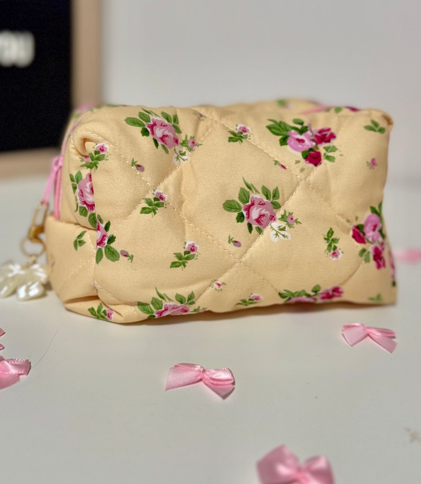 Makeup Bag – Yellow Travel Cosmetic Pouch with Floral Print